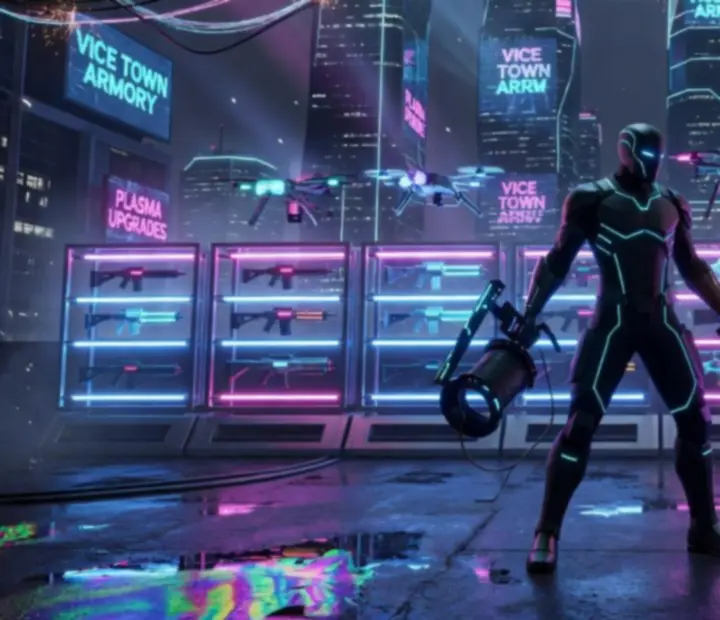 Neon-lit display of Rope Hero's futuristic arsenal and rope gadgets
