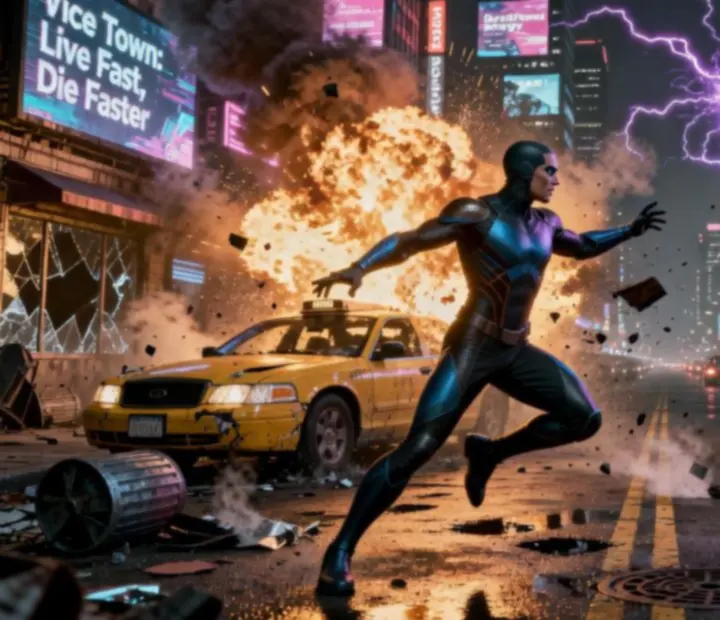 Explosive combat in a Vice Town street with a superhero facing vehicles and enemies
