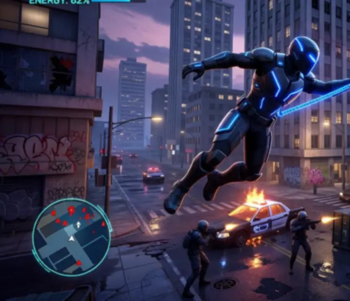 Close-up of Rope Hero's combat HUD with health, abilities, and targeting indicators