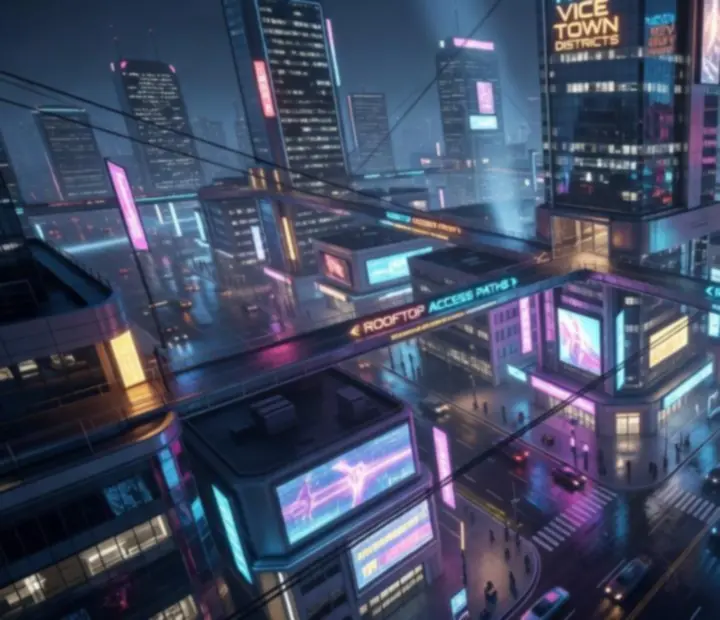 Neon-lit Vice Town district expansion with skyscrapers and rooftops