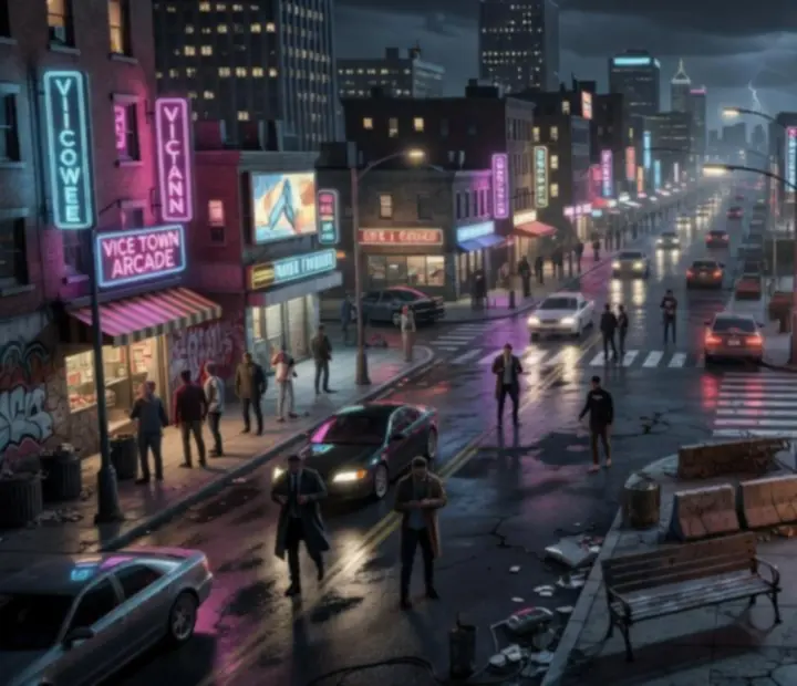 Dark neon urban district of Vice Town with climbable buildings and interactive street objects