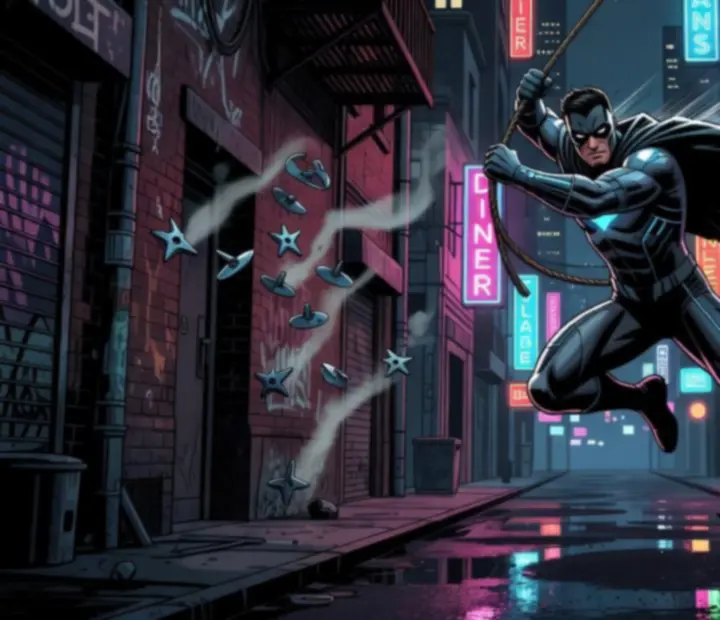 Editorial artwork of superhero executing rope-based evasion in neon Vice Town