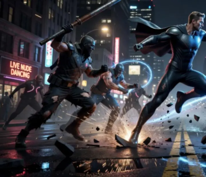 Rope Hero battling enemies in a chaotic neon-lit Vice Town street