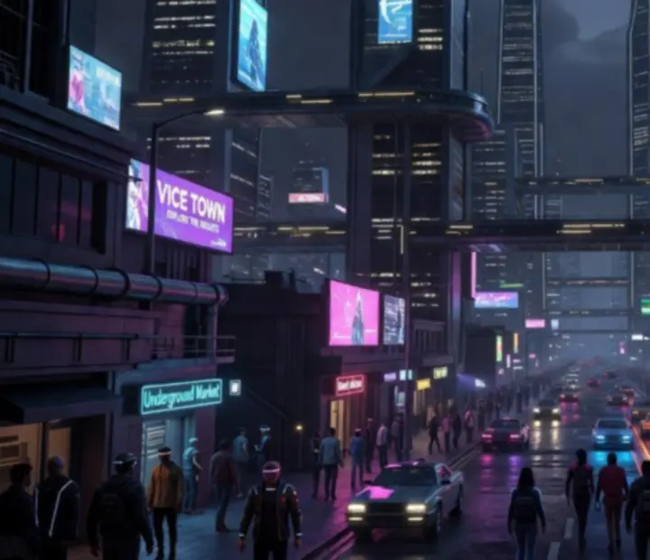 Vice Town cityscape with tall buildings and urban streets at night